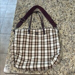 Tory Burch Brown Tote Bag with Classic Plaid Design